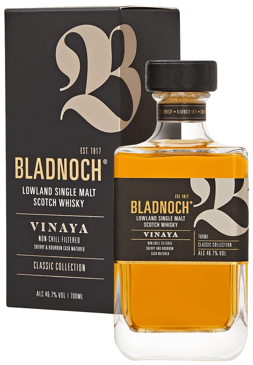 Bladnoch Vinaya Umverpackung und Flasche